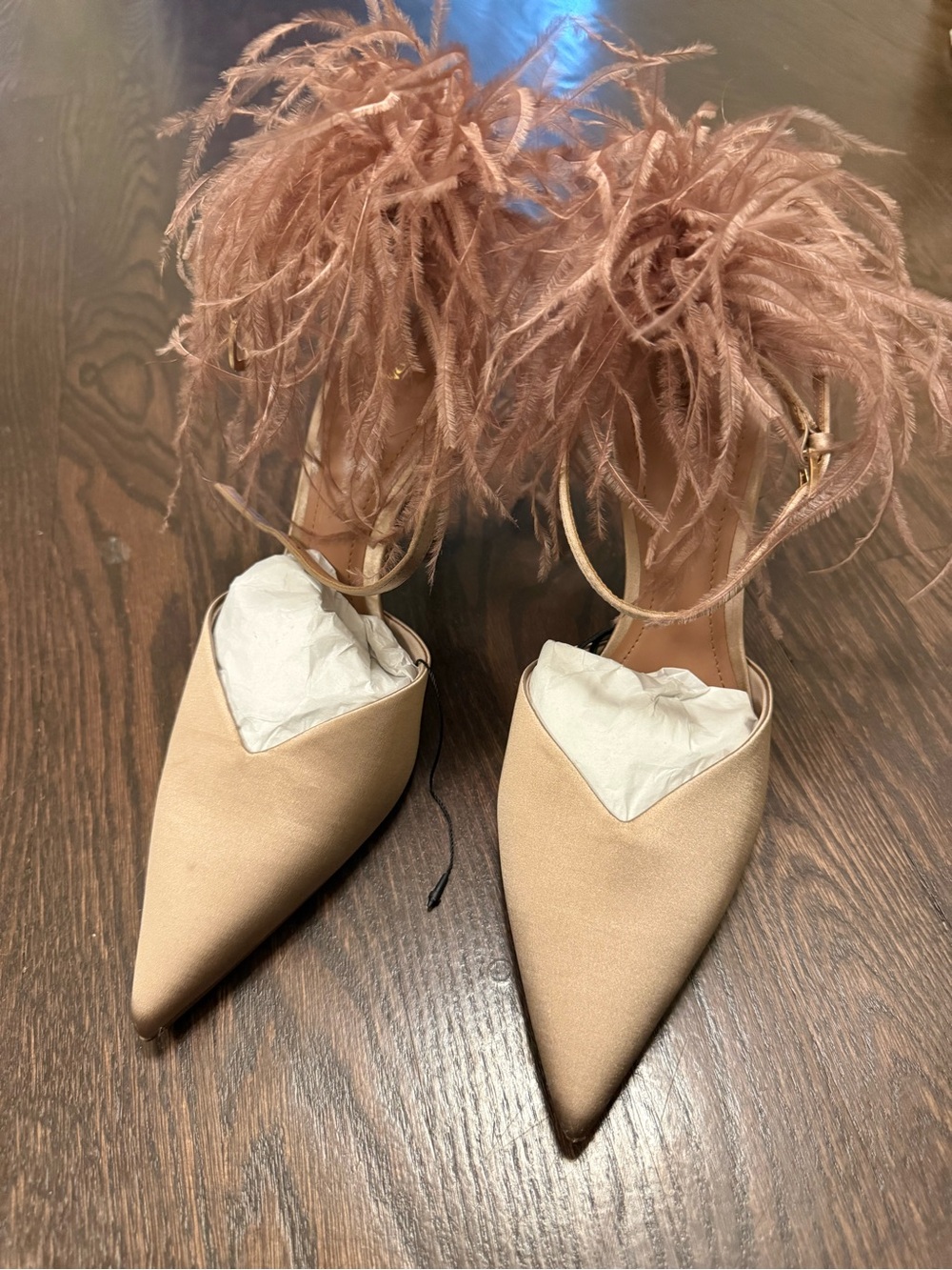 Feather Trim Pointed Toe Ankle Strap Pumps - Nude Pink